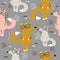 Happy foxes in glasses, colorful seamless pattern
