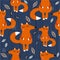 Happy foxes and leaves, colorful cute seamless pattern