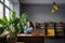 Happy freelancer female in coworking space look in window after successful video conference meeting