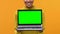 Happy freelancer holding laptop with green screen, online application, gadget