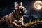 Happy French Bulldog looking at camera, cute companion under moon