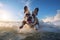 A happy French bulldog playing in summer sea