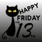 Happy Friday the 13th text, with black cat, on gray backgound.