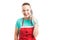 Happy friendly face contact person wearing red apron holding pho