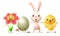 Happy friends celebrate Spring or Easter - Flower, Hatched egg, Bunny and Chicken - vector illustration characters