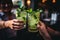 Happy friends group cheering mojito drinks in pub. Generative Ai