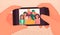 Happy friends guys and girls take a selfie. Photo of young people made on a smartphone. Vector illustration