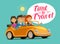 Happy friends riding retro car on journey. Travel concept. Funny cartoon vector illustration