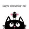 Happy Friendship Day. Cute black cat looking up to bird on head. Funny cartoon character. Kawaii animal. Kitty kitten. Baby pet co