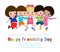 Happy friendship day greeting card with diverse friend group of children jumping and hugging together