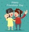 Happy Friendship day greeting card. Friends hugging, smiling and