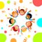 Happy Friendship Day greeting card illustration of diverse children group circle lifting hands above from top view angle