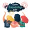 Happy friendship day greeting card with multinational hugging friends. three girls celebrate friendship day. BFF best friends