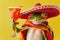 a happy frog dressed in mexican sombrero hat holding a cocktail. Cinco de mayo celebration