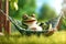 a happy frog relaxing in hammock in backyard, funny holiday and vacation concept, AI generative
