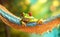 a happy frog relaxing in hammock, funny holiday and vacation concept, AI generative