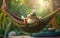 a happy frog relaxing in hammock, funny holiday and vacation concept, AI generative