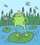 Happy frog in the rushy swamp with flies, dragonfly