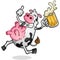 Happy frolicking cow mascot drinking beer and giving a thumbs up vector clip art