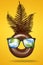 Happy fun face made of brown chocolate donut with sunglasses, green tropical leaves palm on bright pastel yellow and