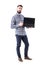 Happy funny bearded guy with blank open laptop screen showing thumb up gesture