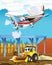 Happy and funny cartoon ambulance looking and smiling driving through the city and plane flying - illustration for children