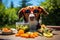 Happy funny dog in red sunglasses sitting at dining vegetable table at sunny summer day