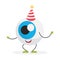 Happy funny eyeball character with joyful expression and birthday cone cap