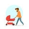 Happy funny father walking with newborn child in a pram