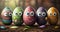 Happy funny group Easter egg cartoon character, Easter concept background, generated ai