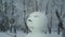 Happy funny snowman, on background of a strong snowfall.