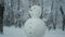 Happy funny snowman-boy, on background of a strong snowfall.