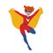 Happy funny supergirl or girl with super powers. Smiling redhead kid wearing tight-fitting costume, cape and mask. Comic