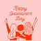 Happy Galentines Day, three hugging girls, slumber party, pink and red combo, hand drawn square vector card