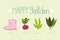 Happy garden, beet plant leaves and boots, banner