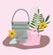 Happy garden, boots bucket rake shovel and flowers