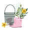 Happy garden, boots bucket rake shovel and flowers