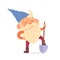 Happy garden gnome standing with shovel to dig soil, small fantasy character with beard