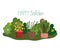 Happy garden, potted plants flowers bushes nature decoration