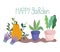 Happy garden, pumpkin gloves potted plants in soil