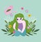 Happy garden, watering can pouring water on girl with plants and flower