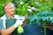 Happy gardener cares for papaya plant