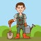 Happy gardener standing with his garden tool. Shovel and watering can.