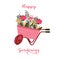 Happy Gardening quote. Wheelbarrow with Blossom and herbs for logo, poster, card. Countryside cart with flowers