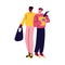 A happy gay couple of men in casual clothes hugging with purchases. Vector illustration in cartoon style.