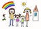 Happy gay family. Lesbian woman adopted girl and boy. Love and kindergarten children.