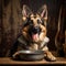 A happy German shepherd sitting patiently by its bowl, waiting for its meal by AI generated