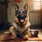 A happy German shepherd sitting patiently by its bowl, waiting for its meal by AI generated