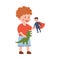 Happy ginger boy holding superman and dragon toy, kid plays with favorite toy, best friends cartoon vector illustration