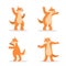 Happy ginger dog dancing. Cute shibu inu dancing pose set.